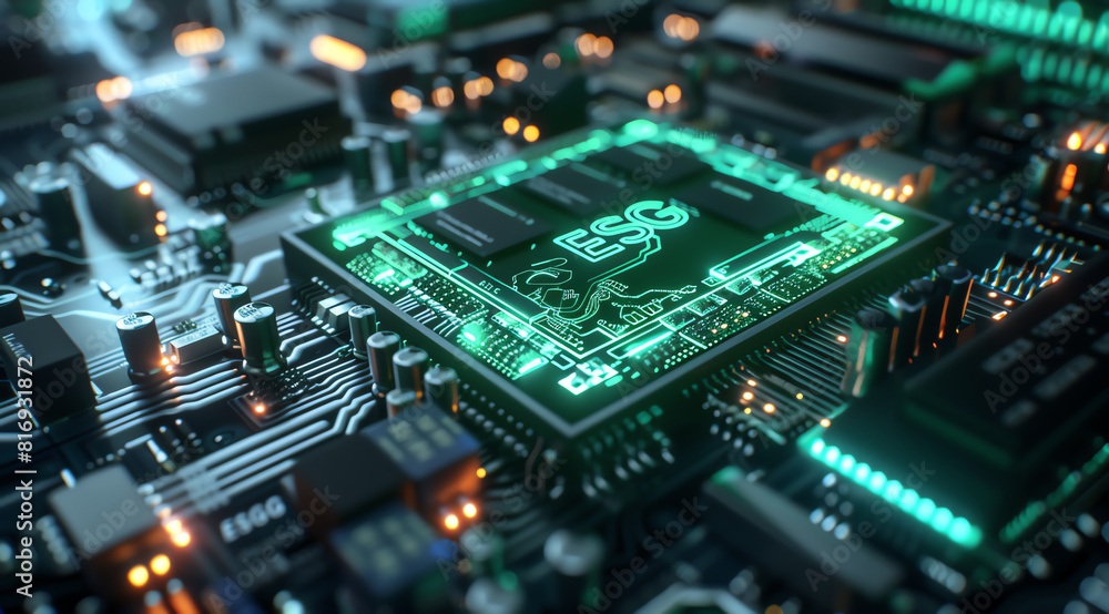 A closeup of an AI chip glowing with Green lights on top, surrounded by other chips and circuitry in the background. The text A closeup of an AI chip glowing with Green lights on top, surrounded by other chips and circuitry in the background. The text