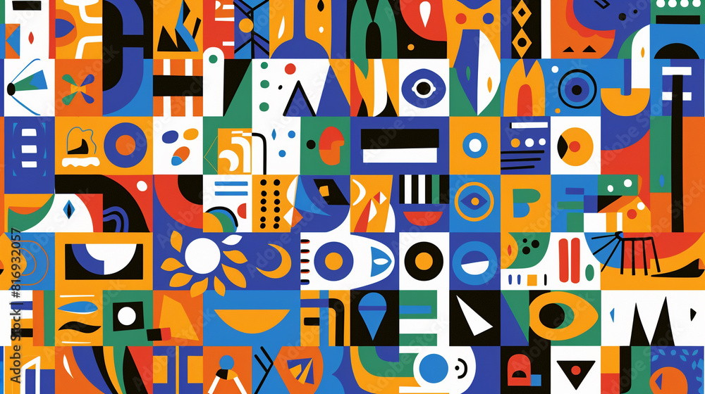 A colorful collage of shapes and patterns. The image is a work of art that is made up of many different shapes and colors. Scene is one of creativity and imagination A colorful collage of shapes and patterns. The image is a work of art that is made up of many different shapes and colors. Scene is one of creativity and imagination