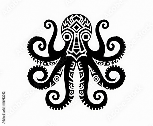 Black octopus silhouette with graphic pattern. Marine-themed tattoo design. Print for clothes. stylized shape silhouette octopus logo. Marine animals, the underwater world. World ocean day.