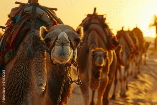 A pack of camelids working as pack animals in desert landscape at sunset photo
