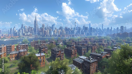 A lifelike simulation of a bustling city skyline  with towering skyscrapers reaching towards the sky