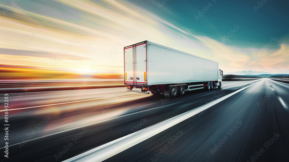A white cargo truck drives at high speed on an empty highway during sunset, capturing the essence of fast logistics and transportation. A white cargo truck drives at high speed on an empty highway during sunset, capturing the essence of fast logistics and transportation.