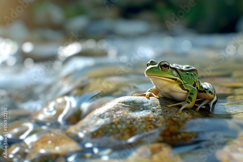 a cute frog on the bank of a river flowing over rocks