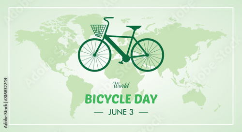 World bicycle day banner, International cycling celebration, green map in background, environment friendly travel method