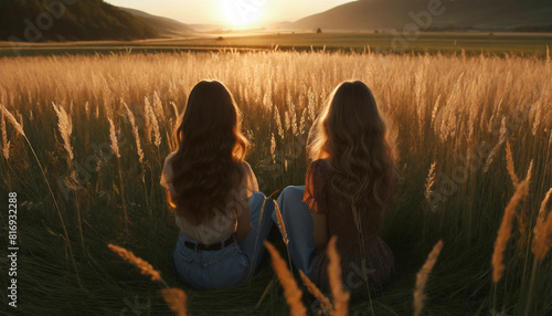 Two girls sitting in a golden field at sunset with their backs to the camera. The sun casts a warm glow over the scene, highlighting their long hair and casual clothes. Peaceful and serene.