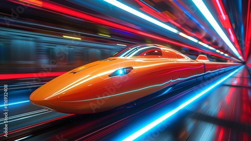 Neon lit tunnel with sleek high speed train racing through in a futuristic display