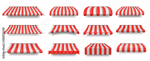 Store sunshade awning. Striped shop and cafe canopies, market stall covers with shadow isolated vector set