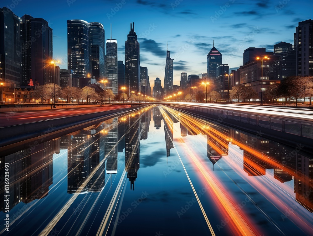 Obraz premium A dynamic cityscape at dusk featuring light trails from moving vehicles, reflecting off a wet street, capturing the energy and vibrancy of urban life