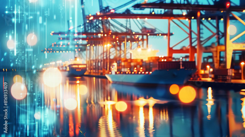 Illuminated cargo ships and cranes at a busy port during twilight, with blurred bokeh light effects creating a dynamic and vibrant atmosphere.