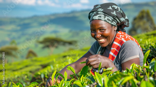 Smiling African female worker picking Kenyan tea at a tea plantation. Copy space.
