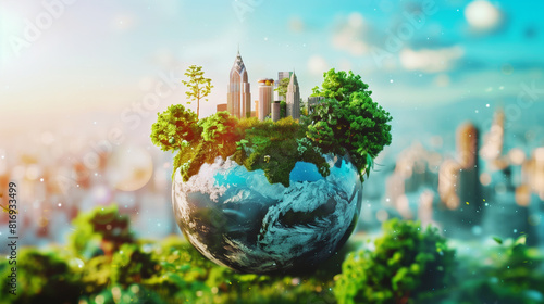 A miniature, green planet with urban skyscrapers and lush trees on top, symbolizing the balance between nature and urbanization against a blurred cityscape background.