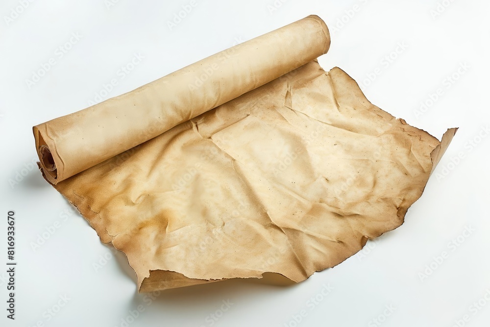 A single, rolled-up piece of parchment sits on a white surface. The parchment is old and weathered, with a few tears and stains. A single, rolled-up piece of parchment sits on a white surface. The parchment is old and weathered, with a few tears and stains.