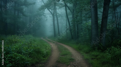 Mysterious path through a misty forest for nature or fantasy themed designs