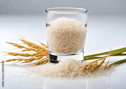 Close-up of rice ears isolated on white background next to a glass of water. photo