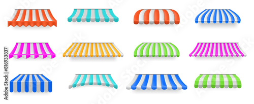 Colorful shop canopy. Striped sunshades for storefronts, market stalls and cafes, 3D awning vector set