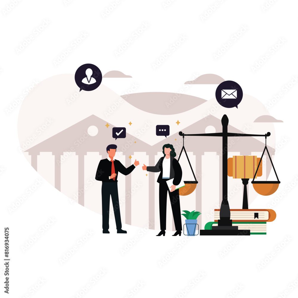 Law and justice scenes. lawyer consulting client, judge knocking with wooden hammer. Legal advice concept. Flat vector illustration. Law and justice scenes. lawyer consulting client, judge knocking with wooden hammer. Legal advice concept. Flat vector illustration.