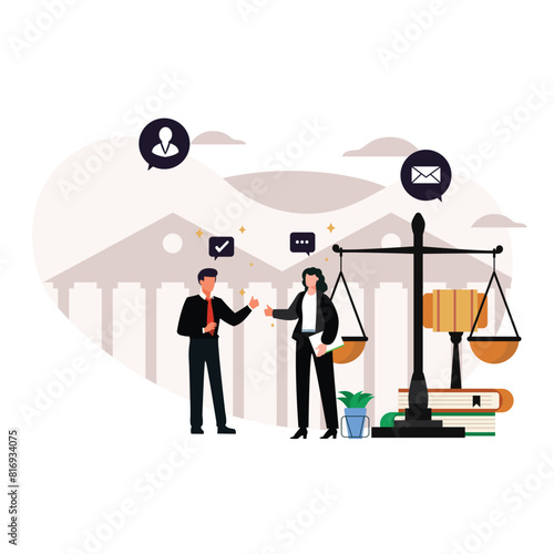 Law and justice scenes. lawyer consulting client, judge knocking with wooden hammer. Legal advice concept. Flat vector illustration.
