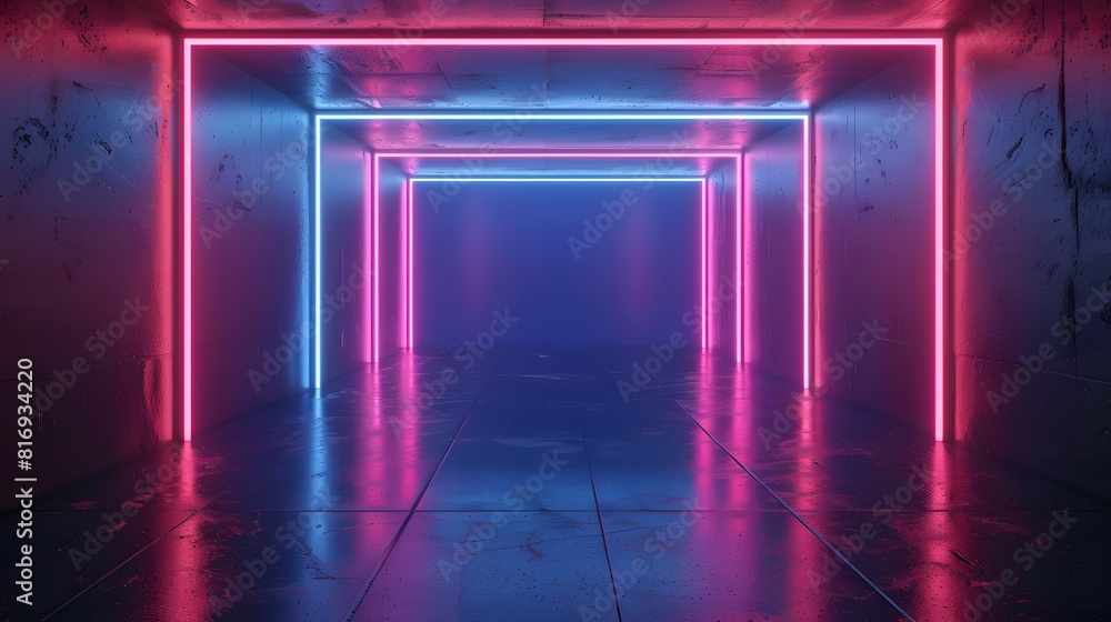 3d render of glowing neon blue and pink rectangle frame on dark background, empty virtual space with glossy floor.
