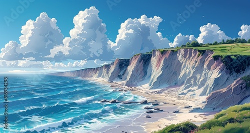 Environment concept, An illustration showing the progression of a coastal cliff eroding and collapsing into the sea. Illustration image, Minimal Style, Clean and Clear Color, photo