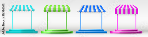 Podium with store awning. Product shop stage, market stall or festive vendor stands with canopies. 3D kiosk mockup vector set
