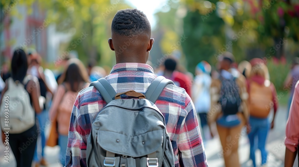 Black college student going back to school with crowd of students - 