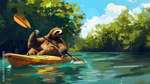 Sloth Paddling Peaceful Man...