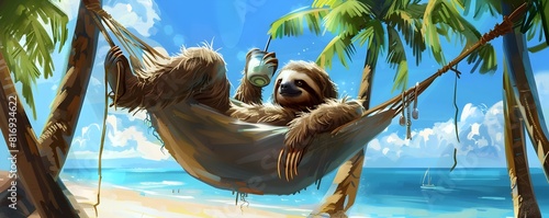 Sloth Relaxing in Tropical Hammock with Coconut Drink on Beach photo