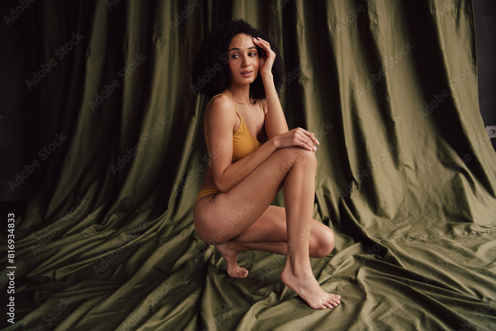 No retouch photo of stunning lovely nice girl love care accept imperfections over textile khaki color background No retouch photo of stunning lovely nice girl love care accept imperfections over textile khaki color background