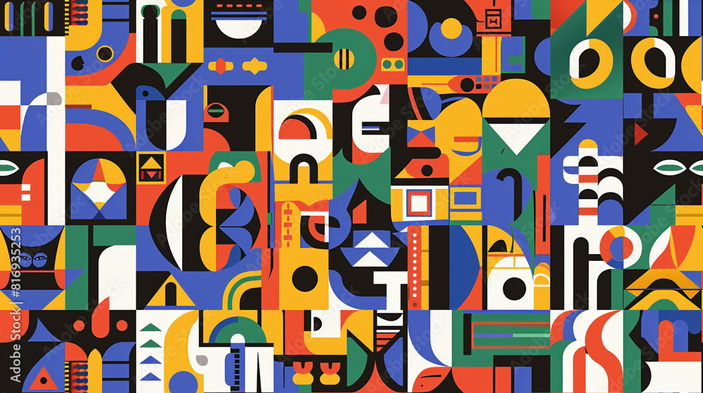 A colorful collage of shapes and patterns. The image is a work of art that is made up of many different shapes and colors. Scene is one of creativity and imagination A colorful collage of shapes and patterns. The image is a work of art that is made up of many different shapes and colors. Scene is one of creativity and imagination