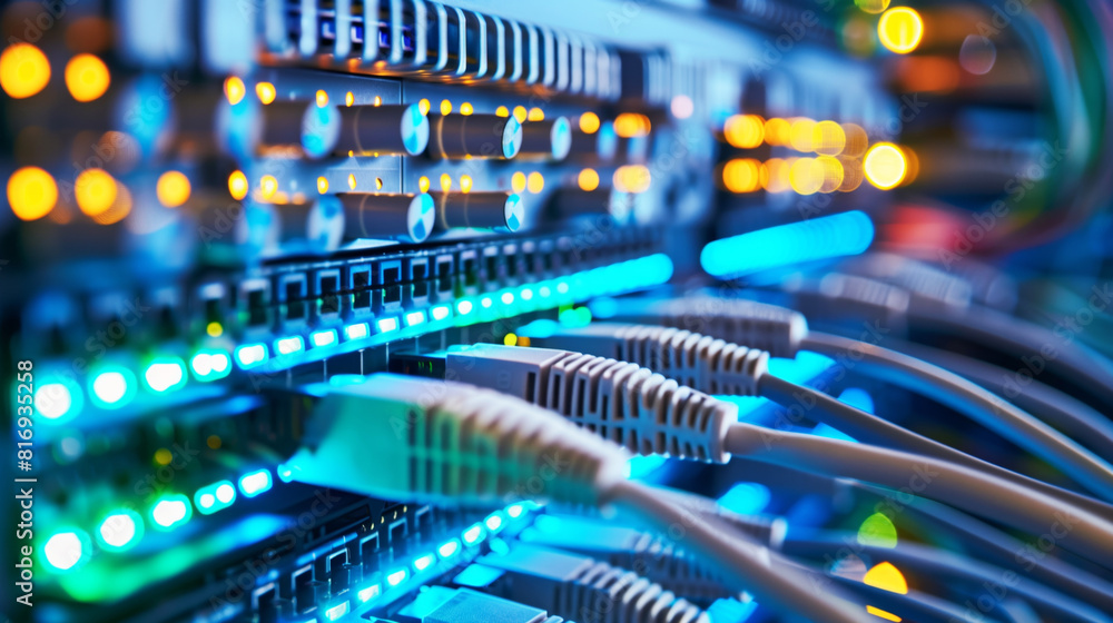 Close-up of network cables connected to server ports with glowing LED indicators in a data center, emphasizing connectivity and technology infrastructure. Close-up of network cables connected to server ports with glowing LED indicators in a data center, emphasizing connectivity and technology infrastructure.