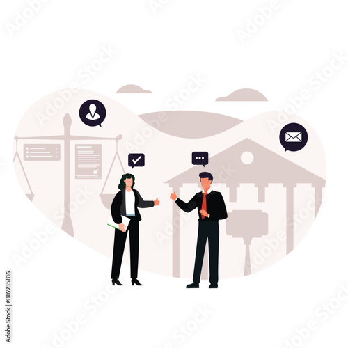Law and justice scenes. lawyer consulting client, judge knocking with wooden hammer. Legal advice concept. Flat vector illustration.