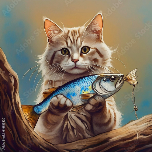 생선을 안고 있는 귀여운 고양이 photo