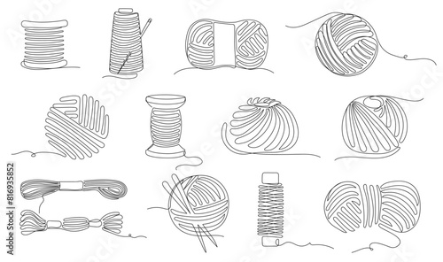 Continuous one line sewing threads. Thread spools, skeins and balls of knitting yarn for crafting, textile tailor shop and handicraft hobbies design. Vector illustration set