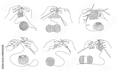 Continuous one line knitting hands. Knitting threads, needles and yarn for handmade textiles, DIY hobby and craft classes designs. Vector illustration set