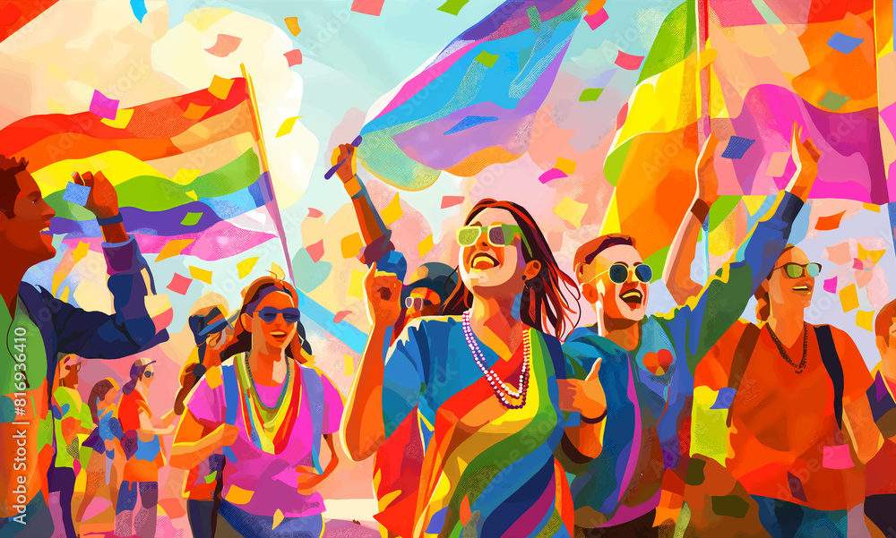 A vibrant 2D illustration for an LGBT pride carnival, featuring colorful of joyful participants, rainbow flags, and festive decorations, capturing the lively. A vibrant 2D illustration for an LGBT pride carnival, featuring colorful of joyful participants, rainbow flags, and festive decorations, capturing the lively.
