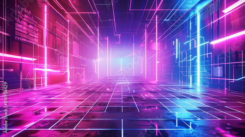 A futuristic  neon-lit digital corridor with a glowing grid floor and vibrant pink and blue lights. The setting features a cyberpunk aesthetic with geometric lines and holographic displays.