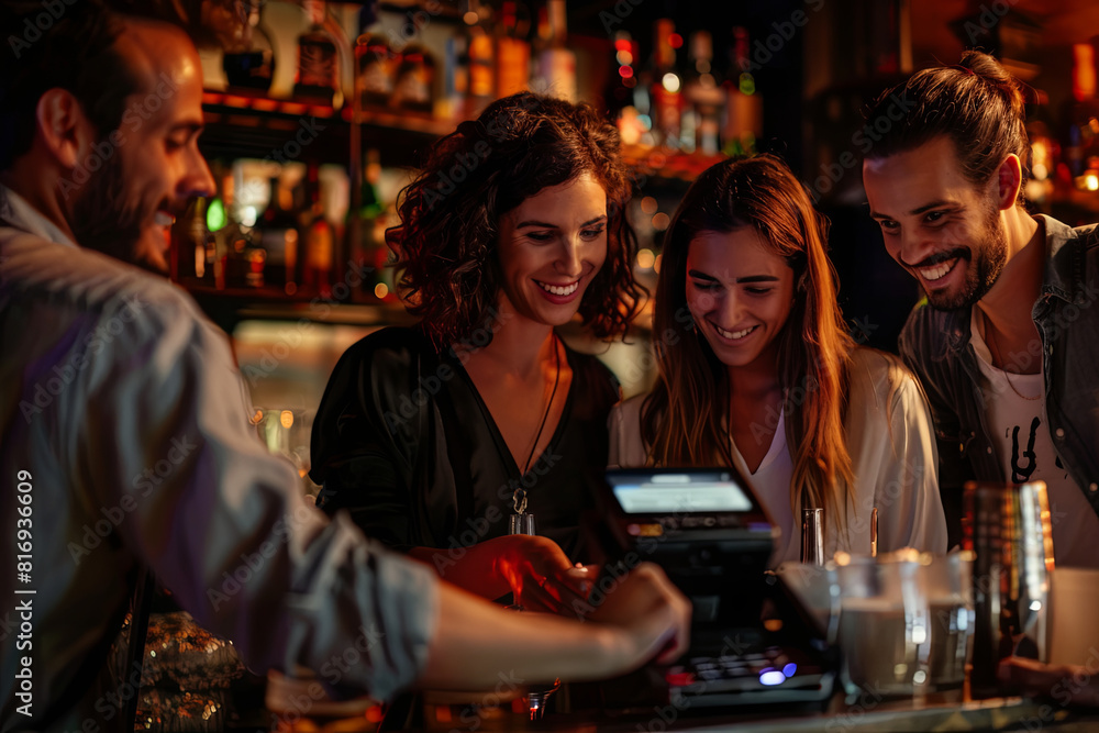 Group of friends making an electronic payment to split the bill at a trendy bar, with smiles and gestures suggesting the convenience of this solution Group of friends making an electronic payment to split the bill at a trendy bar, with smiles and gestures suggesting the convenience of this solution
