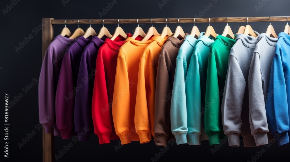 Row of different colorful youth cashmere sweaters and hoodies, sweatshirts and on a clothes rack Row of different colorful youth cashmere sweaters and hoodies, sweatshirts and on a clothes rack