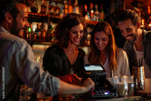 Group of friends making an electronic payment to split the bill at a trendy bar  with smiles and gestures suggesting the convenience of this solution