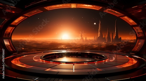 Digital technology amber and red spacecraft poster background