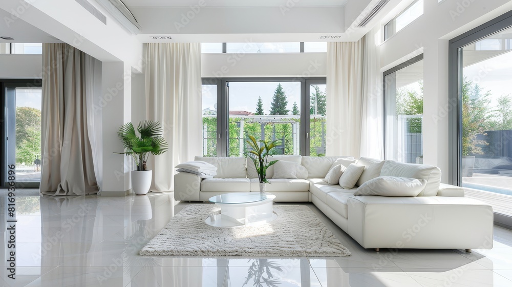 Fototapeta premium Modern Living Room with Gray Decor and Elegant Furniture, Bright and Airy Interior, Ideal for Contemporary Home Design and Comfort