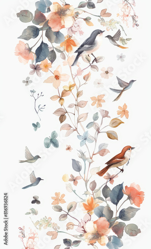 Watercolor painting with birds and flowers - Delicate watercolor illustration featuring a variety of birds amidst a blooming floral arrangement photo