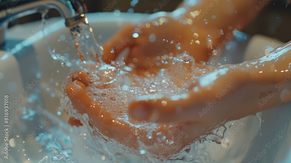 Fototapeta premium A closeup of hands washing under running water, emphasizing the importance and ritual of handwashing. 