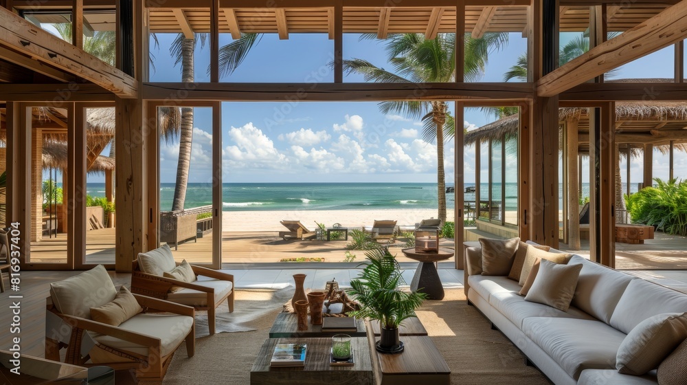 Fototapeta premium Luxurious Living Room with Ocean View and Elegant Decor, Bright and Airy Interior, Ideal for Contemporary Home Design and Relaxation