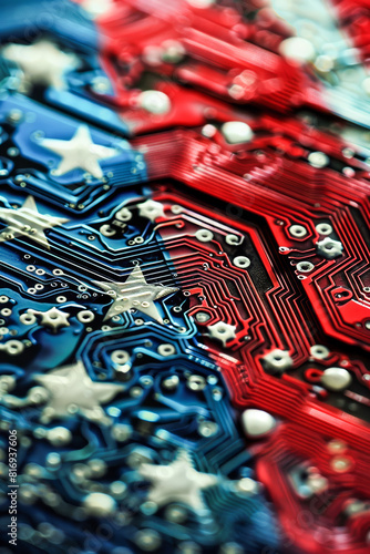Abstract USA Flag.  Generated Image.  A digital illustration of an abstract USA flag in an electronic circuitry art style. photo