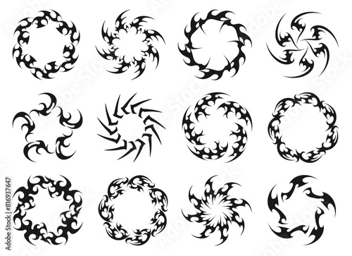 Neo tribal circle frames. Round cyber sigilism swirl, abstract circular sharp spikes and wreath tattoo vector set