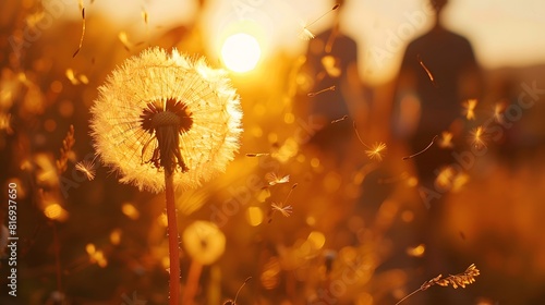 A dandelion with seeds blowing in the wind against a blurred background of an outdoor scene  symbolizing freedom and joy. 
