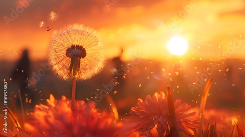 A dandelion with seeds blowing in the wind against a blurred background of an outdoor scene, symbolizing freedom and joy. 