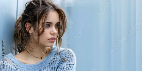 A young woman struggles with depression loneliness and mental health challenges. Concept Mental Health, Depression, Loneliness, Coping Strategies, Emotional Wellness photo