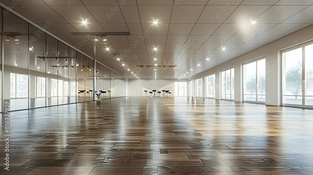 A large dance studio with mirrors on the wall and a wooden floor, white ceiling, and lights in the background.
